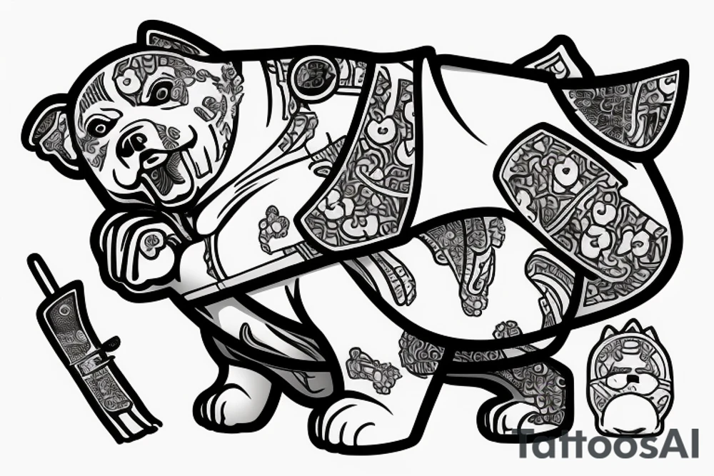 Samurai chubby dog with katana in his paws tattoo idea