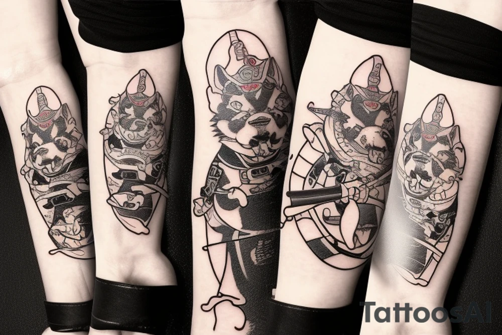 Samurai chubby dog with katana in his paws and samurai hat , in full growth tattoo idea
