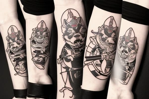 Samurai chubby dog with katana in his paws and samurai hat , in full growth tattoo idea