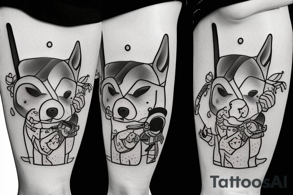 Samurai chubby dog with katana in his paws and samurai hat , in full growth tattoo idea