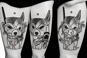 Samurai chubby dog with katana in his paws and samurai hat , in full growth tattoo idea