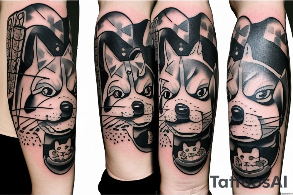 Samurai chubby dog with katana in his paws and samurai hat , in full growth tattoo idea