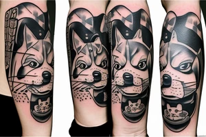 Samurai chubby dog with katana in his paws and samurai hat , in full growth tattoo idea