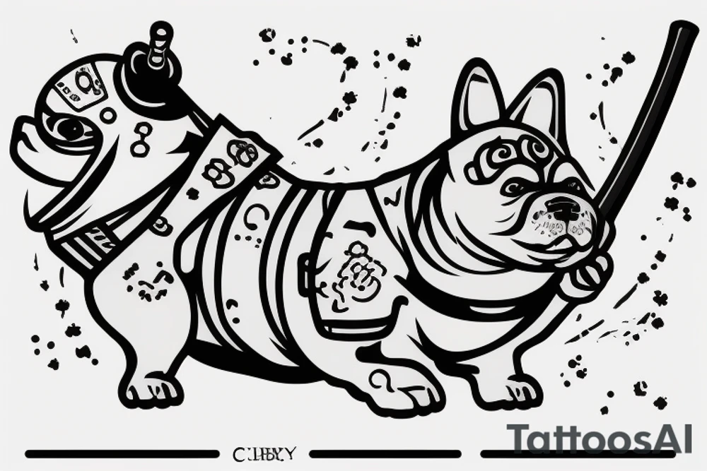 Samurai chubby dog with katana in his paws and samurai hat , in full growth tattoo idea