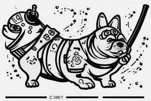 Samurai chubby dog with katana in his paws and samurai hat , in full growth tattoo idea