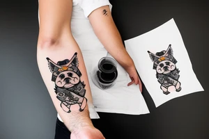 Samurai chubby dog with katana in his paws and samurai hat , in full growth tattoo idea