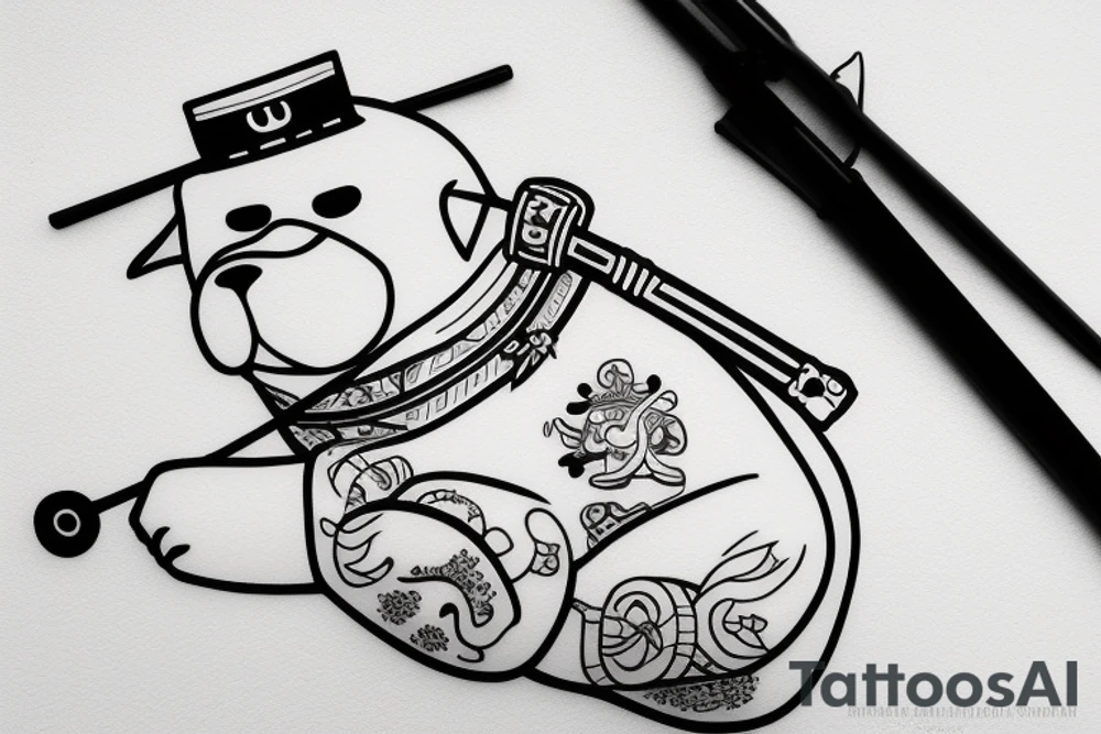 Samurai chubby dog with katana in his paws and samurai hat , in full growth tattoo idea