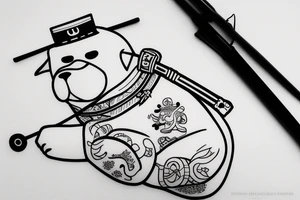 Samurai chubby dog with katana in his paws and samurai hat , in full growth tattoo idea