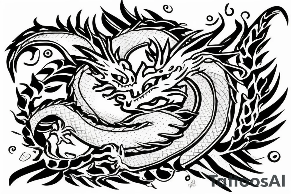 Dragon, flowers, book, stone, tree, items tattoo idea