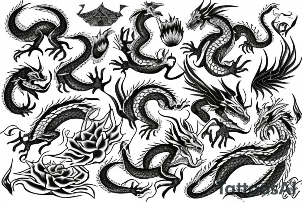 Dragon, flowers, book, stone, tree, items tattoo idea