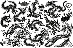 Dragon, flowers, book, stone, tree, items tattoo idea