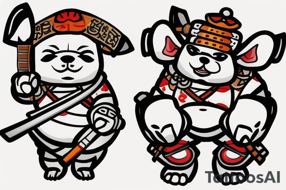 Samurai chubby dog with katana in his paws and samurai hat , in full growth tattoo idea