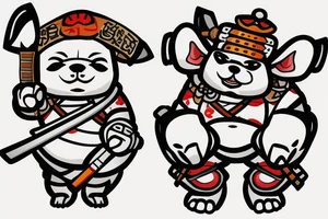 Samurai chubby dog with katana in his paws and samurai hat , in full growth tattoo idea