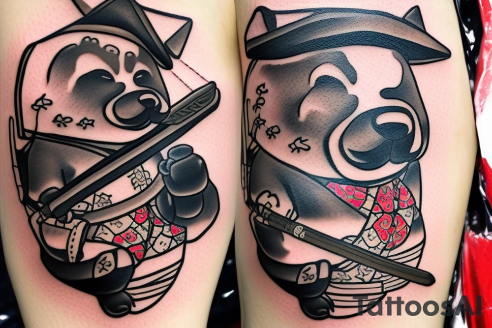 Samurai chubby dog with katana in his paws and samurai hat , in full growth tattoo idea