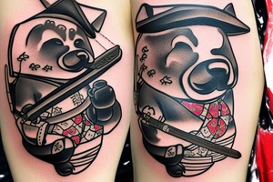 Samurai chubby dog with katana in his paws and samurai hat , in full growth tattoo idea