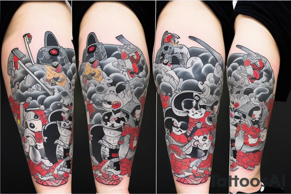 Samurai chubby dog with katana in his paws and samurai hat , in full growth tattoo idea