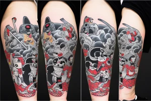 Samurai chubby dog with katana in his paws and samurai hat , in full growth tattoo idea