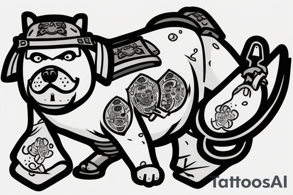 Samurai chubby dog with katana in his paws and samurai hat , in full growth tattoo idea