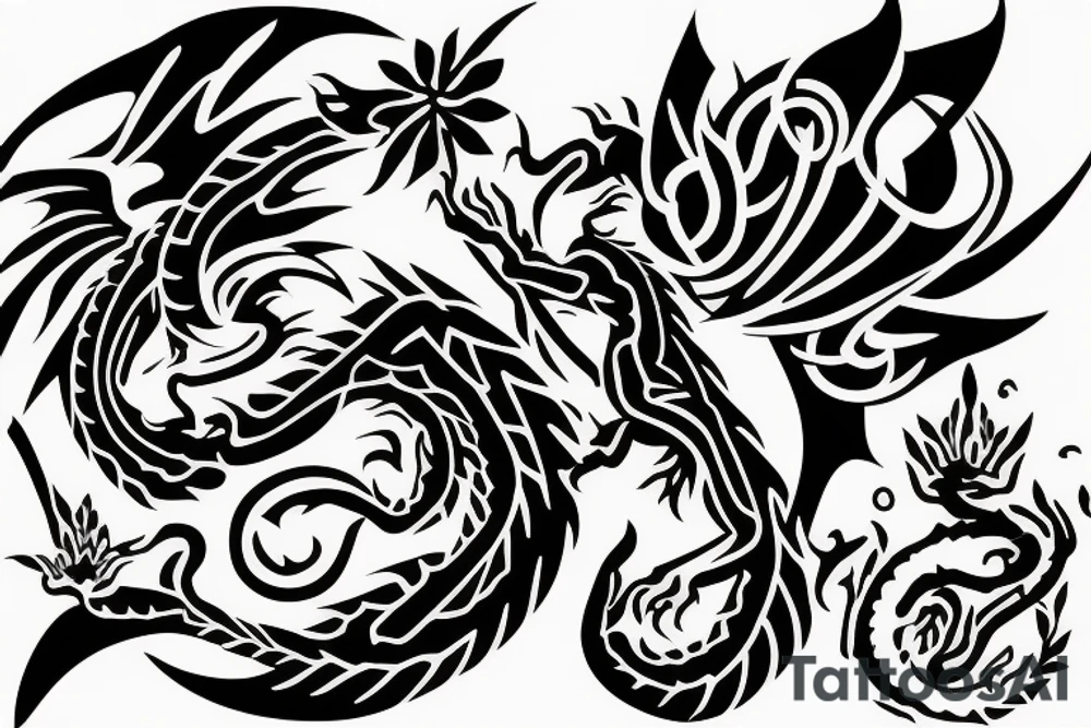 Dragon, flowers, book, stone, tree, items tattoo idea
