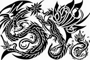 Dragon, flowers, book, stone, tree, items tattoo idea