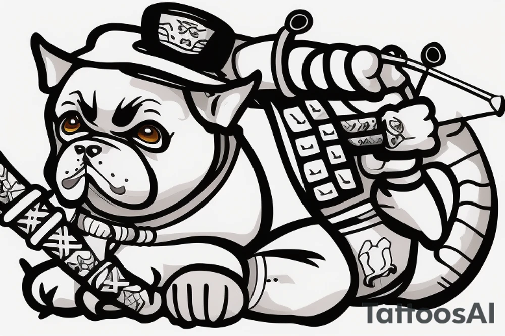 Samurai chubby dog with katana in his paws and samurai hat , in full growth tattoo idea