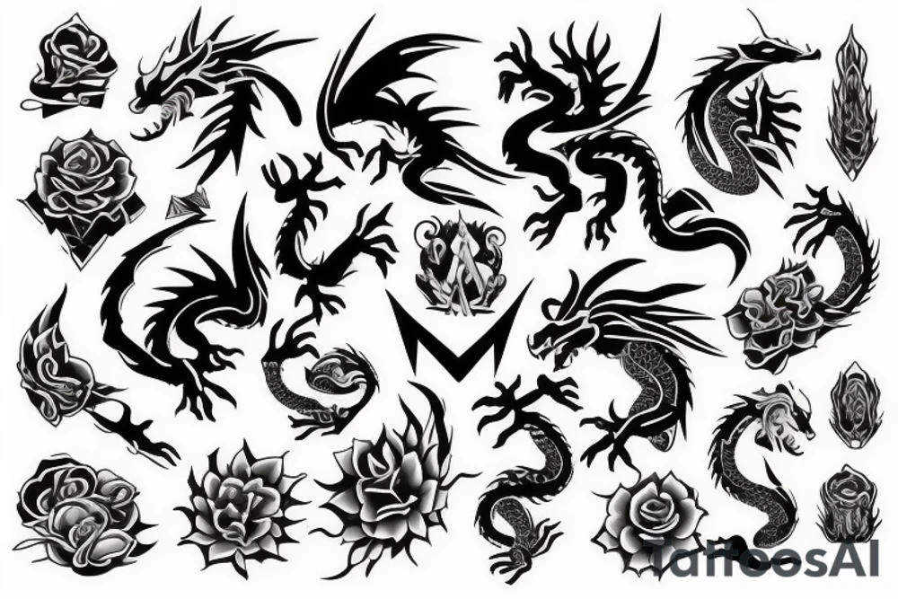 Dragon, flowers, book, stone, tree, items tattoo idea