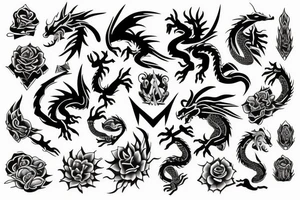 Dragon, flowers, book, stone, tree, items tattoo idea