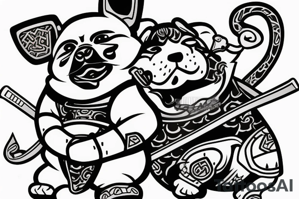Samurai chubby dog with katana in his paws and samurai hat , in full growth tattoo idea