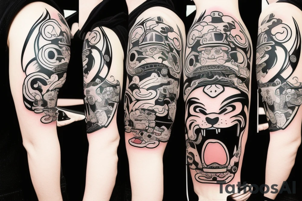 Samurai chubby dog with katana in his paws and samurai hat , in full growth tattoo idea