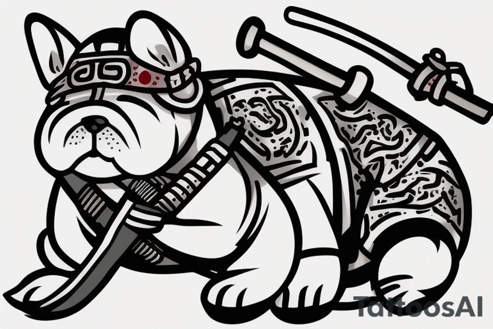 Samurai chubby dog with katana in his paws and samurai hat , in full growth tattoo idea