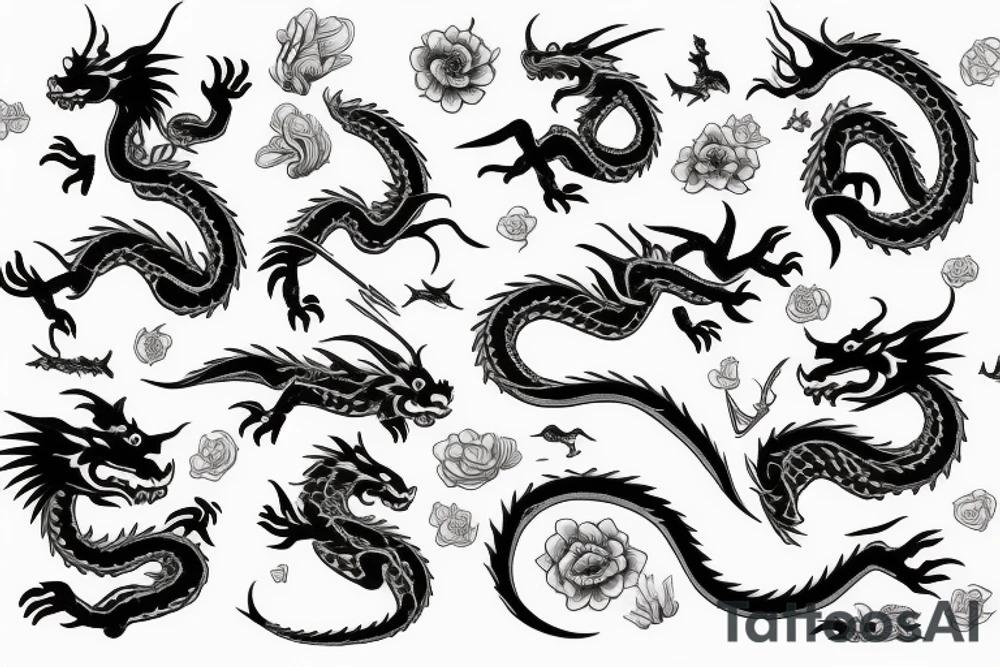 Dragon, flowers, book, stone, tree, items tattoo idea