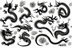 Dragon, flowers, book, stone, tree, items tattoo idea