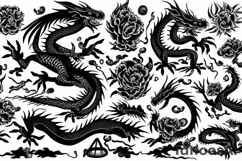Dragon, flowers, book, stone, tree, items tattoo idea