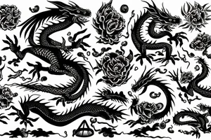 Dragon, flowers, book, stone, tree, items tattoo idea