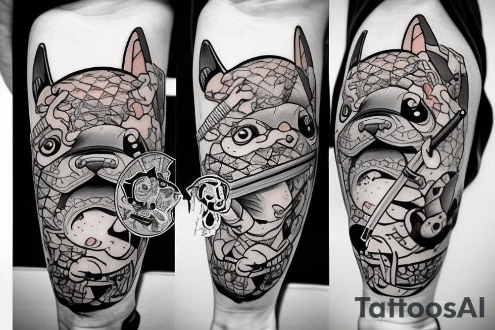 Samurai chubby dog with katana in his paws and samurai hat , in full growth tattoo idea