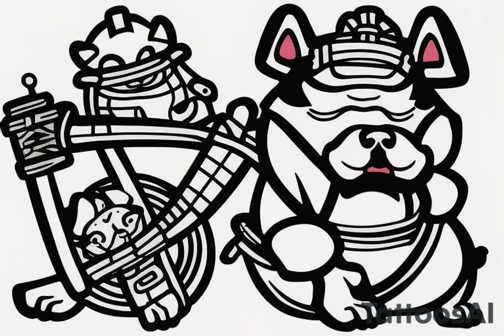 Samurai chubby dog with katana in his paws and samurai hat , in full growth tattoo idea