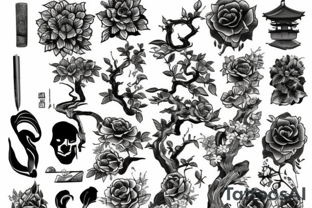 flowers, book, stone, tree, items tattoo idea