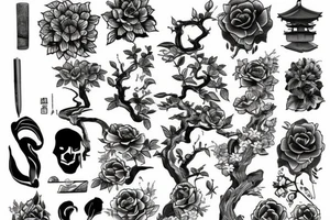 flowers, book, stone, tree, items tattoo idea