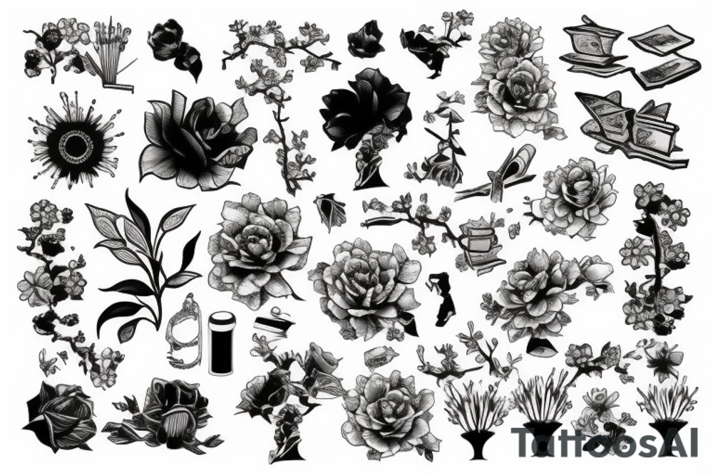 flowers, book, stone, tree, items tattoo idea