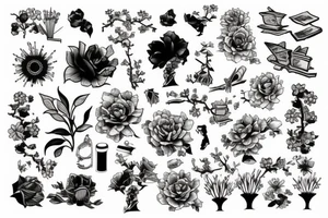 flowers, book, stone, tree, items tattoo idea