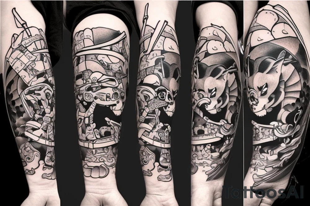 Samurai chubby dog with katana in his paws and samurai hat , in full growth tattoo idea