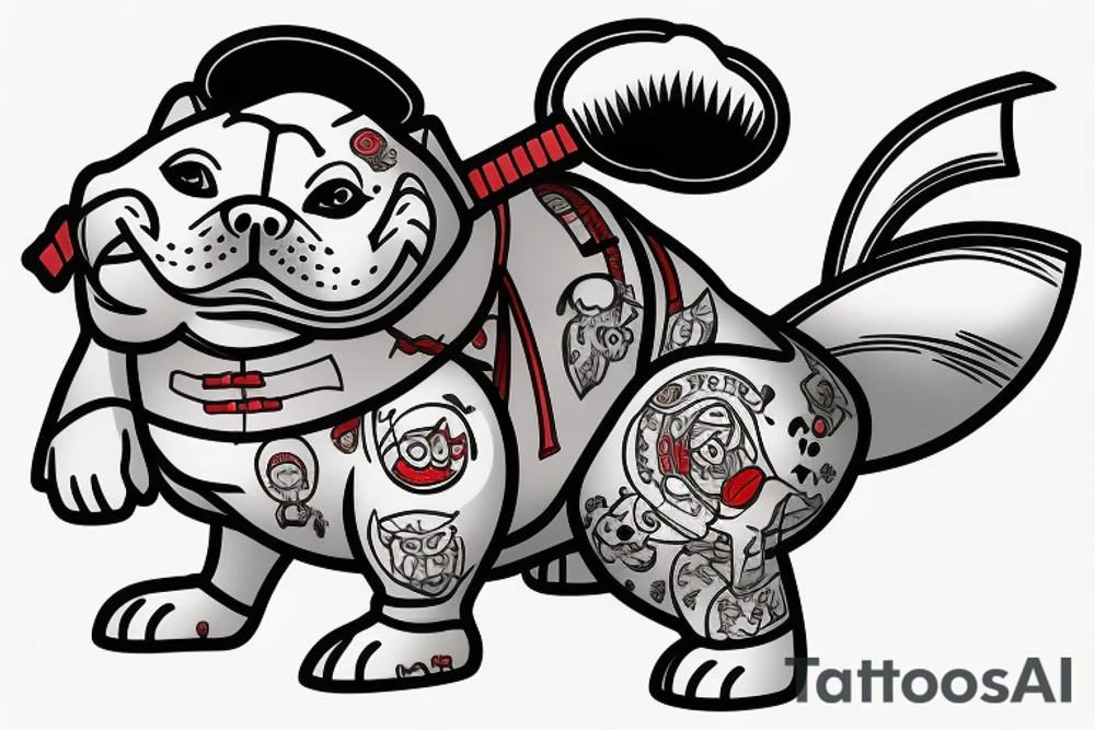 Samurai chubby dog with katana in his paws and samurai hat , in full growth tattoo idea