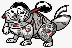 Samurai chubby dog with katana in his paws and samurai hat , in full growth tattoo idea
