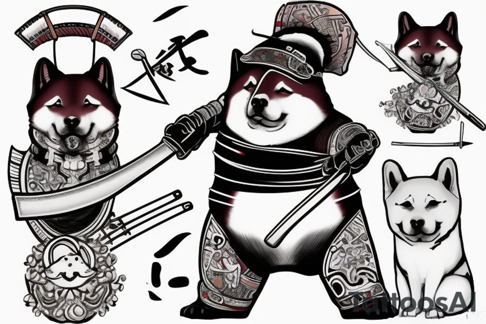 Samurai chubby Shiba Inu with katana in his paws and samurai hat , in full growth tattoo idea