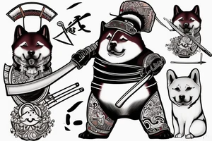 Samurai chubby Shiba Inu with katana in his paws and samurai hat , in full growth tattoo idea