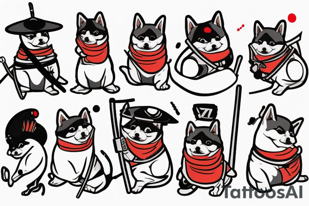 Samurai chubby Shiba Inu with katana in his paws and samurai hat , in full growth tattoo idea