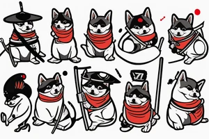 Samurai chubby Shiba Inu with katana in his paws and samurai hat , in full growth tattoo idea