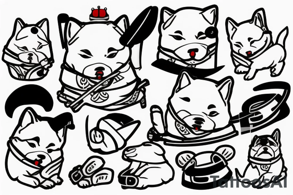 Samurai chubby Shiba Inu with katana in his paws and samurai hat , in full growth tattoo idea