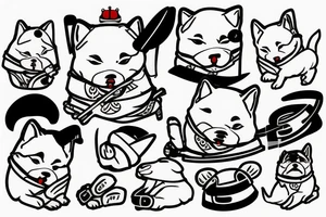 Samurai chubby Shiba Inu with katana in his paws and samurai hat , in full growth tattoo idea