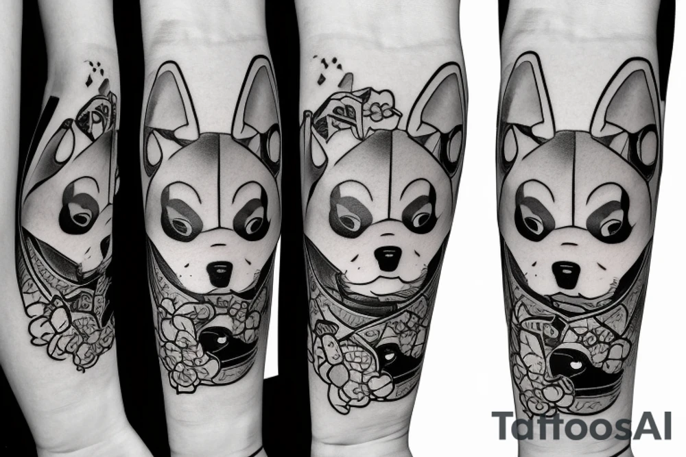Samurai chubby Shiba Inu with katana in his paws and samurai hat , in full growth tattoo idea